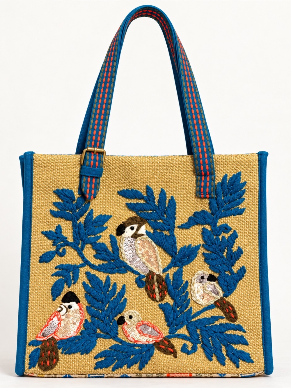 america & beyond embroidered sequin bird tote bag blue gold boho shoulder bag
